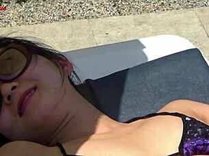 sexy wet bikini babe flashes outdoors