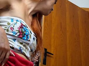 Old mature fucks young redhead in bathroom.