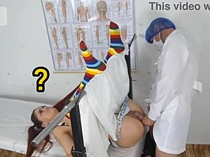 Redhead Girl Visits Gynecologist for the First Time in Stockings and Panties