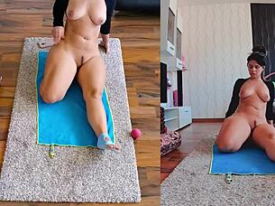 dual cam naked yoga workout with curvy milf spreading