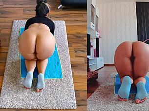 dual cam naked yoga workout with curvy milf spreading