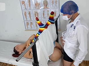 Redhead Girl Visits Gynecologist for the First Time in Stockings and Panties