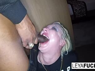 The blonde hooker leaves the snowy streets to give her pimp an anal blowjob and cumshot.