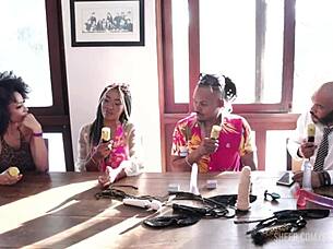 Black couple in sheer red enters porn with intense teen 18+ action