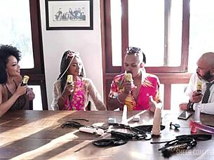 Black couple in sheer red enters porn with intense teen 18+ action