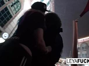 The blonde hooker leaves the snowy streets to give her pimp an anal blowjob and cumshot.