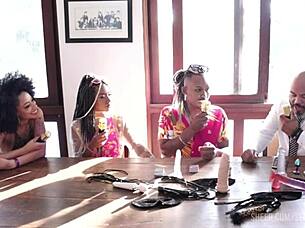 Black couple in sheer red enters porn with intense teen 18+ action