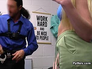 Blonde teen thief blows the officer's dick in bikini. 😏