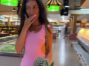 walking in supermarket with facial