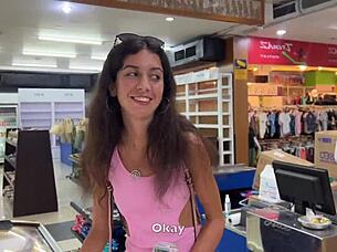 walking in supermarket with facial