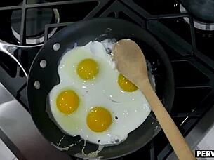 stepmom deepthroats my hard cock while cooking breakfast in the kitchen