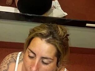 Beautiful Tattooed Babe Sucks Cock Deepthroat, Swallows Cum with Friend Licking