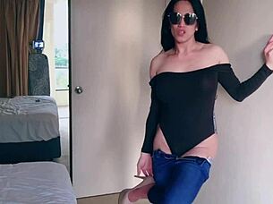 Pretty Asian Ladyboy Jeans Striptease With Big Boobs