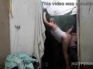 Married woman boldly fucks electrician in hidden shower