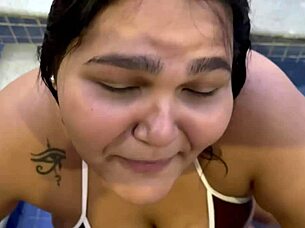 Maria's first time on the channel, hidden in the pool, showing her sucking skills