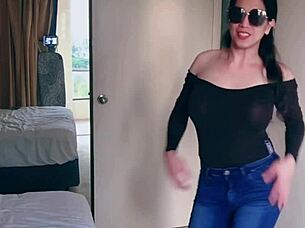 Pretty Asian Ladyboy Jeans Striptease With Big Boobs