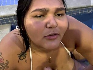 Maria's first time on the channel, hidden in the pool, showing her sucking skills