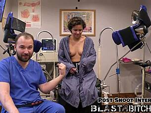 Patient Rebel Wyatt's pierced pussy gets cum blasted by doctor in latex backstage