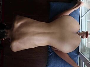 Horny Asian Teen 18+ Ass Fucks Dildo On Glass Door!