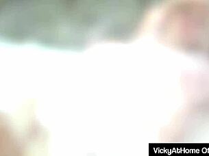 vicky vette nympho masturbates her wet pussy and big lips with toys at the pool.