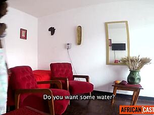 A busty black model participates in a homemade casting session