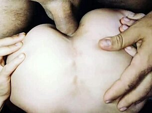 husband and friend roughly stretch wife's ass and pussy in close-up riding session