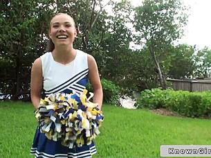 Busty Cheerleader Flashes Boobs Outdoors in Reality Couple Scene