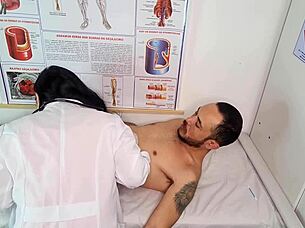 Cute brunette nurse with small waist makes amateur patient moan with her big tits and hard erection