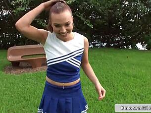 Busty Cheerleader Flashes Boobs Outdoors in Reality Couple Scene