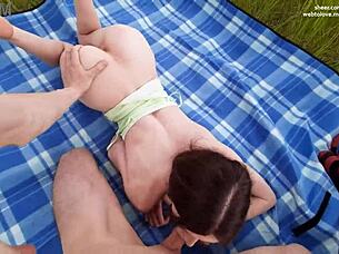 a delicious protein snack outdoors for a cute girl with braided pigtails in a bodysuit