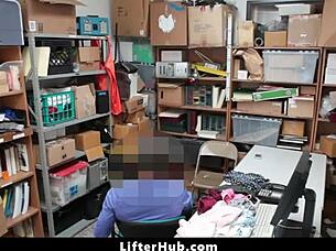 Security guard deals with shoplifter teen in back office lifterhub