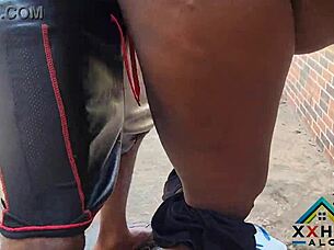 Naughtiest slutty queen bends over for outdoor doggy from big black cock, ending in facial cum.