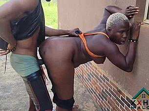 Naughtiest slutty queen bends over for outdoor doggy from big black cock, ending in facial cum.