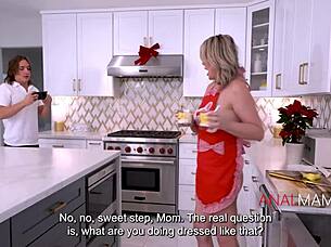 Milf seduces stepson in kitchen