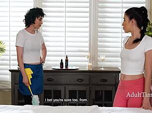 maid gets laid by masseuse in hotel hijinks