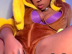 ebony babe in lopunny cosplay masturbates wet pussy until squirting everywhere