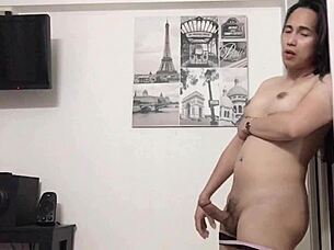 Big boobs ladyboy masturbates her big cock during exercise session