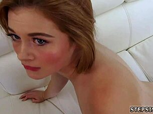 Petite teen gives blowjob to old stepbrother in hardcore sex