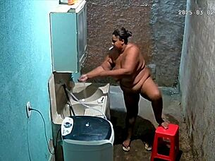 brazilian milf stepmother feels embarrassed shaving her huge big natural tits while stepson secretly watches on hidden camera