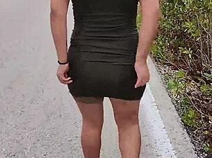 Slut exposes tits and ass on mexican public road