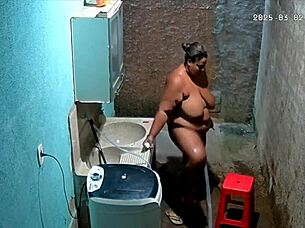 brazilian milf stepmother feels embarrassed shaving her huge big natural tits while stepson secretly watches on hidden camera