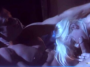 Horny short hair blonde sucks her boyfriends cock and rides on the sofa