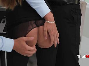 Threesome evens score with MILF boss