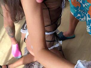 cute maid fucked hard and passed around - group sex creampie