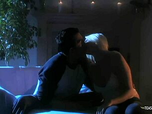 Horny short hair blonde sucks her boyfriends cock and rides on the sofa