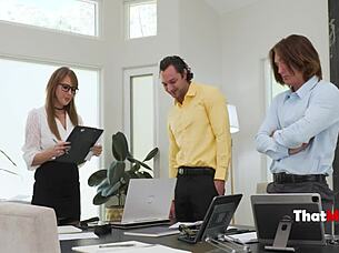 Threesome evens score with MILF boss