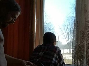 Helga Bosk has risky sex by the window with people walking by