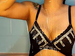 Colombian woman plays in shower