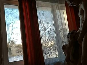 Helga Bosk has risky sex by the window with people walking by