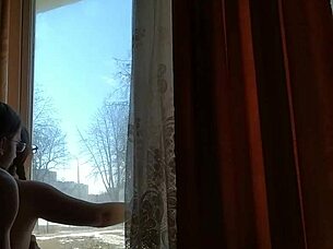 Helga Bosk has risky sex by the window with people walking by